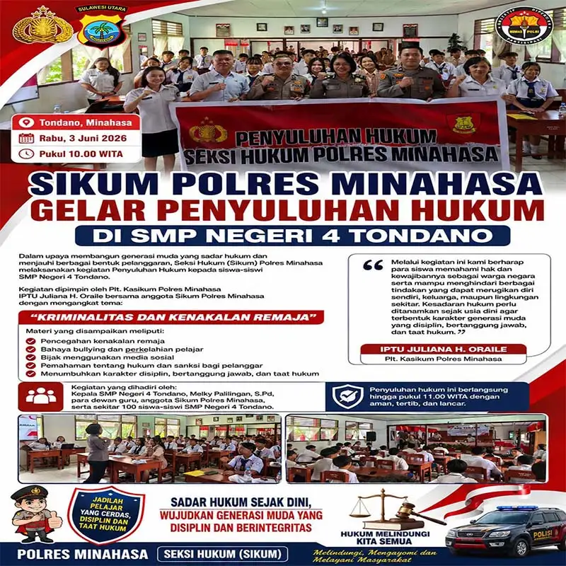 Tanamkan Kesadaran Hukum Sejak Dini, Polres Minahasa Edukasi Ratusan Siswa SMPN 4 Tondano